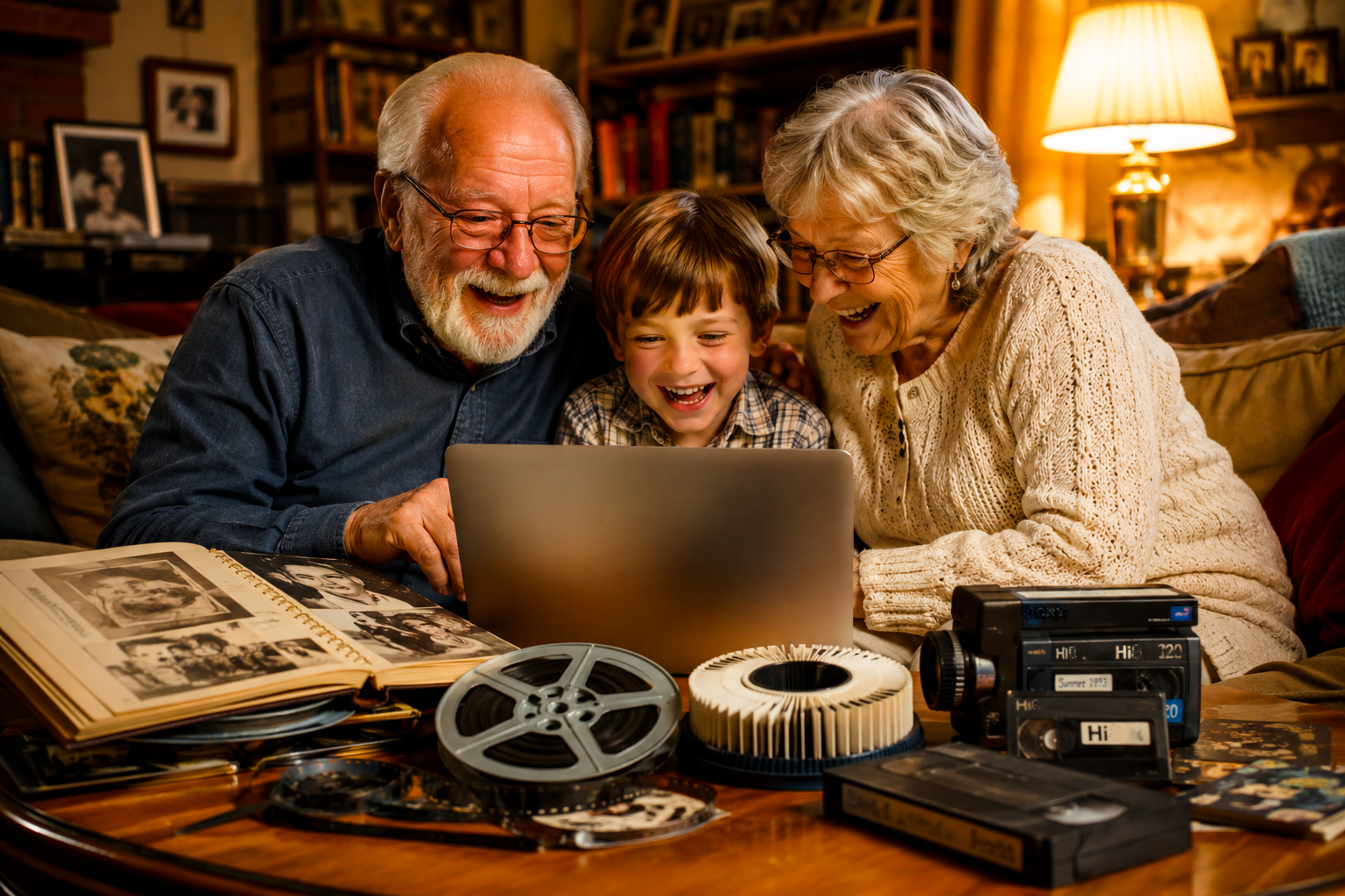 Großeltern zeigen ihrem Enkel digitalisierte Familienfotos am Laptop — alle lachen und genießen den gemeinsamen Moment
